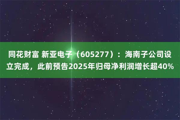 同花财富 新亚电子（605277）：海南子公司设立完成，此前预告2025年归母净利润增长超40%